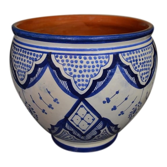 Handmade Ceramic Flower Pot Moroccan Indoor Outdoor Spanish Style Garden Drain Hole Planter White Blue