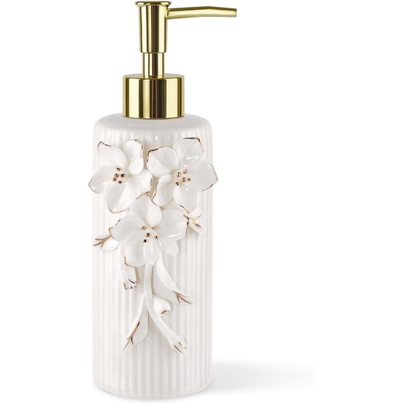 Handmade Ceramic Flower Soap Pump Dispenser Hand Lotion Liquid Refillable for Kitchen and Bathroom Decorative (Flower Gold)