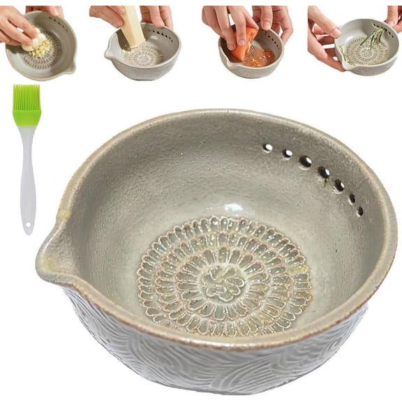 Handmade Ceramic Garlic Grater, Herb Stripper Bowl, 2-In-1 Ceramic Herb Stripper and Garlic Grater Bowl, Rustic Stoneware Kitchen Prep Tool Utensil for Ginger/Garlics/Herbs (1PC)