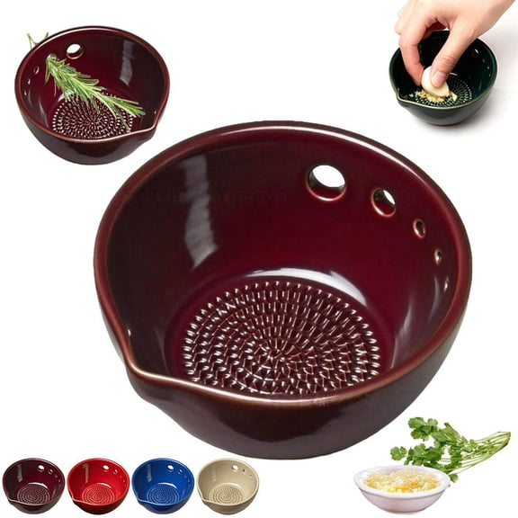 Handmade Ceramic Garlic Grater & Herb Stripper Bowl - 2-in-1 Kitchen Tool for Fresh Flavor, Easy Juicing, 5 Hole Sizes