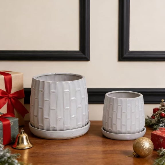 Handmade Ceramic Groove Pattern Flower Pot 6 & 8 Inch with Saucer, Breathable Clay Planter for Orchids Succulents Herbs, Indoor Outdoor for Windowsill Bookshelf Office