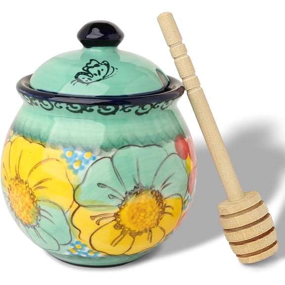 Handmade Ceramic Honey Jar with Lid, 8 oz Floral Design Honey Pot with Dipper, Hand-Painted Honey Containers for Honey, Jam, or Syrup, Dishwasher Safe (Flowers Green)