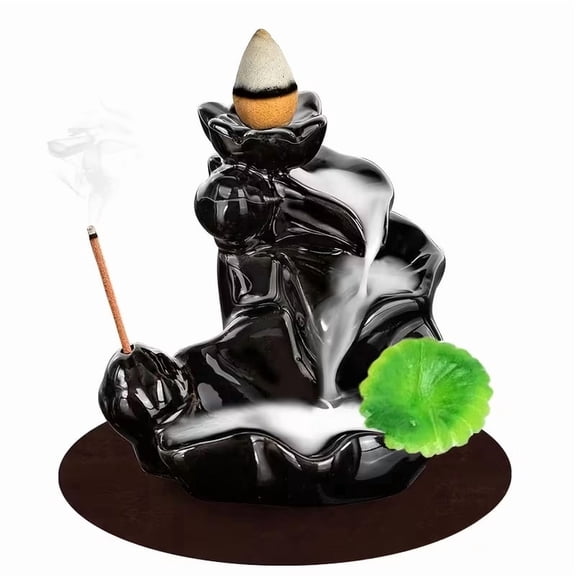 Handmade Ceramic Lotus Leaf Waterfall Backflow Incense Burner for Meditation Yoga Studio Home Decor Smoke Cascade Aromatherapy Holder Compatible with Cones and Sticks
