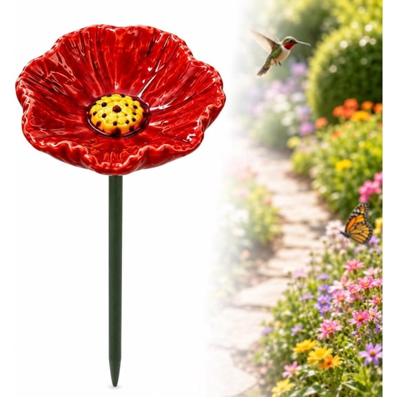 Handmade Ceramic Mini Pollinator Watering Station, Bee Watering Station for Garden Cups, Colorful Flower Bee Water Feeder & Butterfly Bird Bath (Red)