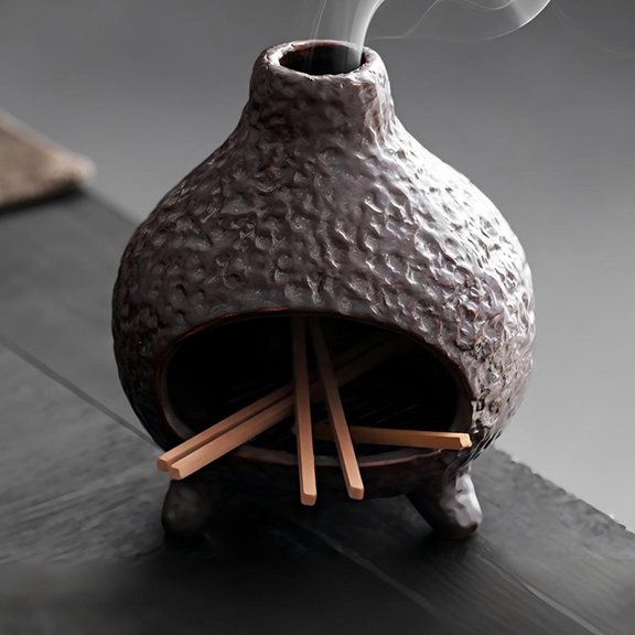 Handmade Ceramic Palo Santo Holder – Simple Practical Sage Incense Burner for Meditation & Cleansing Rituals Orange Peel Texture Dark Brown