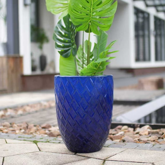 Handmade Ceramic Planter Pot, 17 Inch Diameter, 1 Piece, Sapphire Blue with Diamond Pattern, for Monstera Deliciosa and Fiddle Leaf Fig, Indoor/Outdoor Doorway Use, Breathable Clay