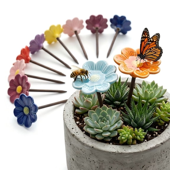 Handmade Ceramic Pollinator Watering Station Set of 9, Bee Water Feeder, Butterfly Bird Bath, Hand-Painted Flower Garden Stakes, Outdoor Yard Art Decor Gift for Nature Lovers