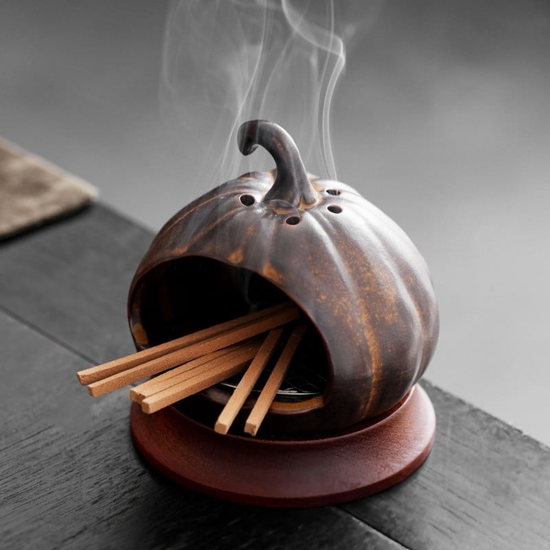 Handmade Ceramic Pumpkin Palo Santo Holder – Multi-Groove Retro Sage Incense Burner for Meditation & Energy Rituals Brown