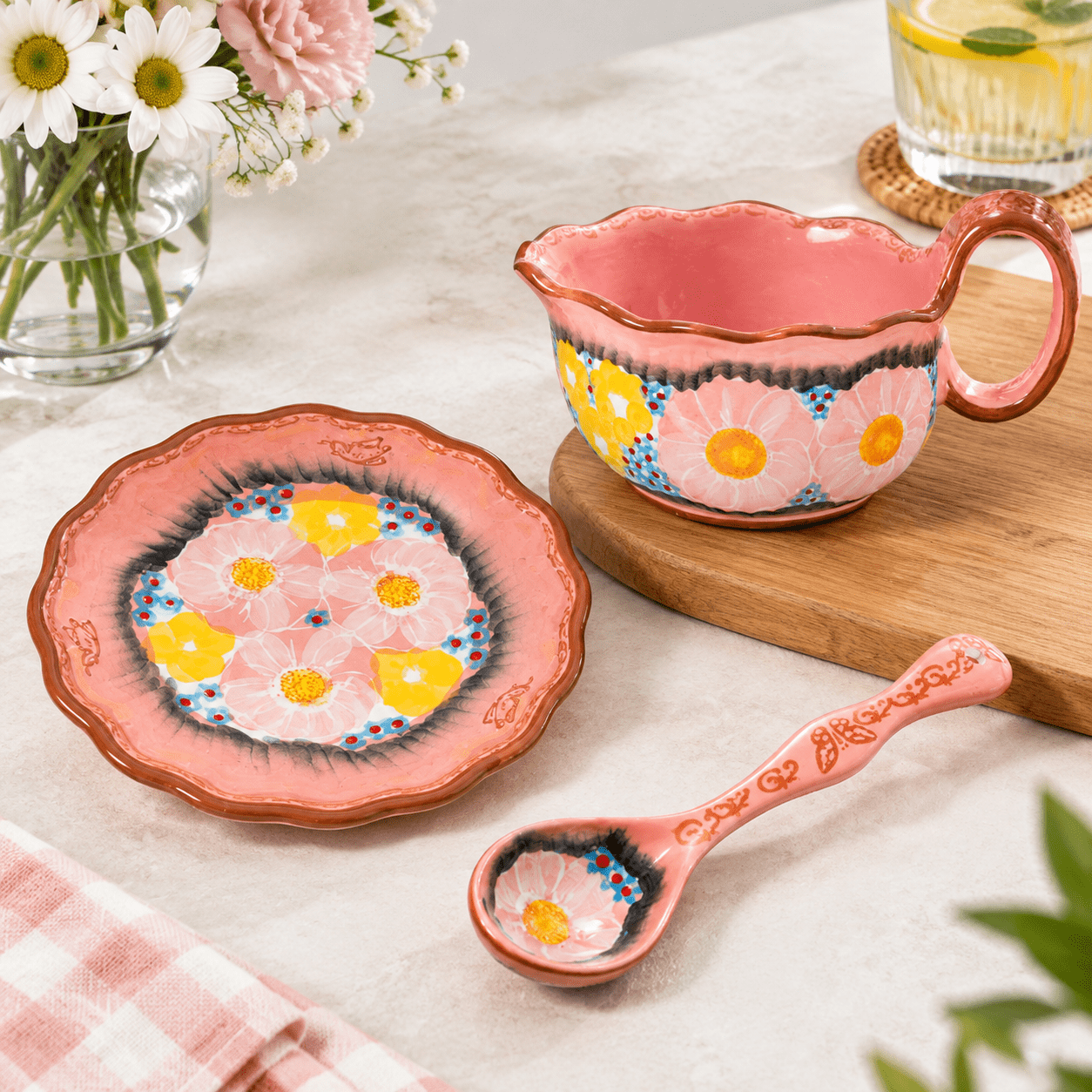 Handmade Ceramic Soup Bowl Set with Plate and Spoon, Glazed Pink, 30 Oz ...