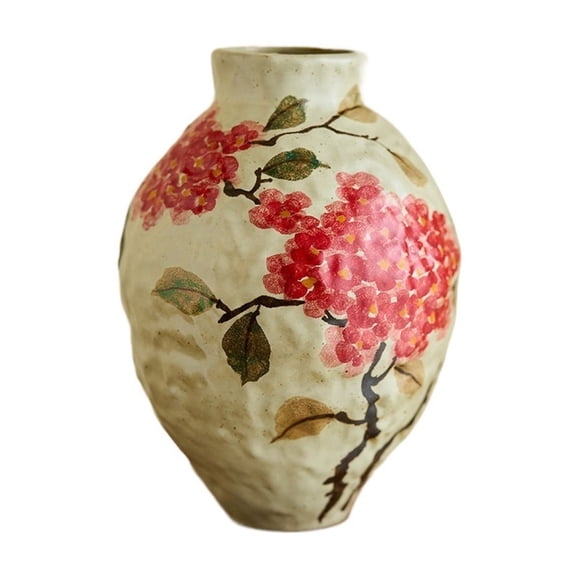 Handmade Ceramic Vase with Red Hydrangea - Rustic Flower Holder