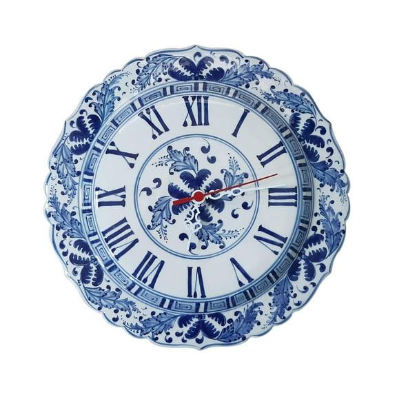 Handmade Ceramic Wall Clock, Chinoiserie Wall Clock, Roman Clock 11.8 inches (30 cm) in Diameter with Clock Mechanism, Bleu-Blanc Clock, Blue and White Clock