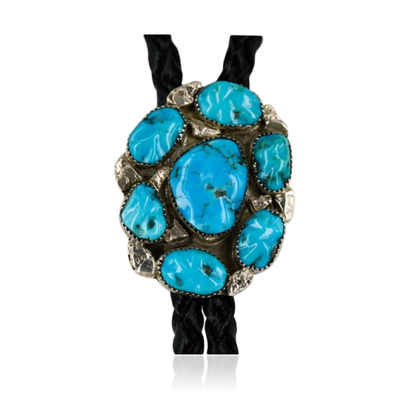 Handmade Certified Authentic Navajo .925 Sterling Silver Turquoise Nuggets Native American Leather Bolo Tie 1189
