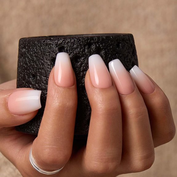 Handmade Certified | Press On Nails, Short Square White Ombre Nails with Acrylic Nail Tips, 10Pcs Reusable Fake Nails Kit,5-Min Application4 Sizes/S