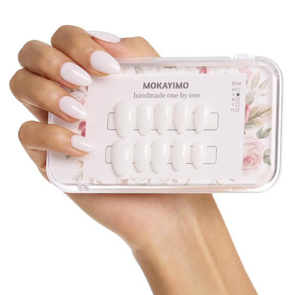 Handmade Certified| White Press On Nails, 10Pcs Handmade Short Almond Acrylic White Nails, Reusable Stick On Nails Kit, 4 Sizes(M)