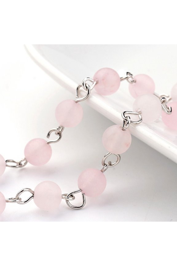 Handmade Chains Natural Rose Quartz Round Beaded Chains Unwelded with Brass Eye Pin Silver color Plated 39.3 inch