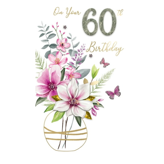 Handmade "Champagne" Greeting Card 60th Birthday Vase Of Flowers