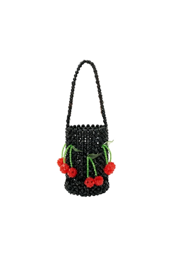 Handmade Cherry Beaded Bucket Bag, Black Acrylic Beaded Purse with Red Cherry Embellishments, Lightweight for Beach and Brunch