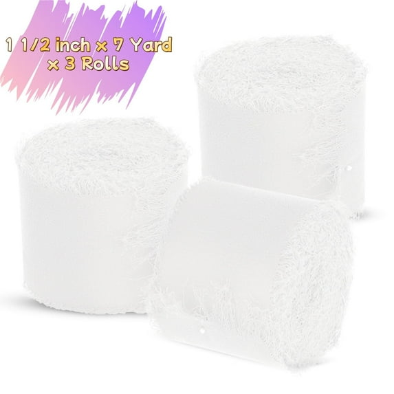 Handmade Chiffon Silk Fringe Ribbon Set - 3 Rolls, 1 1/2 inch x 7 Yard, White