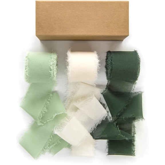 Handmade Chiffon Silk Ribbon 21Yds: Green & Cream Fringe Ribbons for Wedding Invitations, Bouquets & Gifts - 1.5" Frayed Edge Ribbon for Crafts