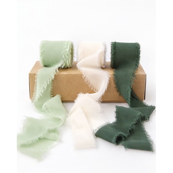 Handmade Chiffon Silk Ribbon 21Yds: Green & Cream Fringe Ribbons for Wedding Invitations, Bouquets & Gifts - 1.5" Frayed Edge Ribbon for Crafts