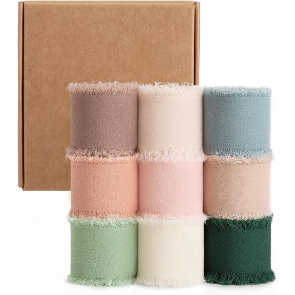 Handmade Chiffon Silk Ribbon Set: 27Yds Fringe Ribbons for Wedding Invitations, Bouquets & Gifts (9 Rolls x 3Yds) - Frayed Edge Ribbon for Crafts