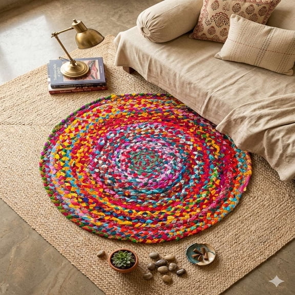 Handmade Chindi Rug Round – Multicolor Braided Boho Floor Mat, Recycled Cotton Rag Rug for Living Room, Bedroom & Home Decor