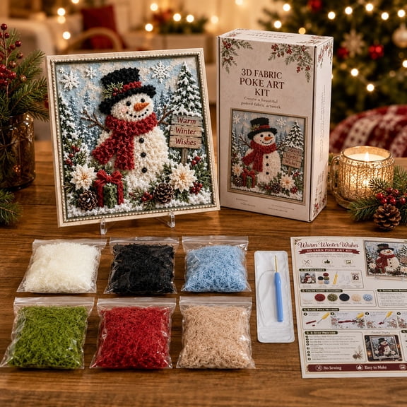 Handmade Christmas Fabric Stamping Kit, 8 Inch Square Wooden Frame Yarn Accessories, DIY Holiday Wall Decor for Home Mantel and Beginner Crafters, Snowman Winter Wishes