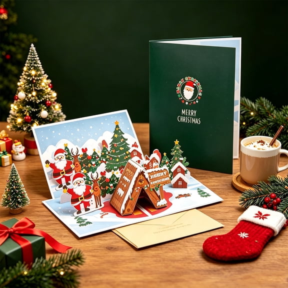 Handmade Christmas Pop Up Greeting Card with Envelope, 3D Santa Claus Christmas Tree Snow Scene, Holiday Gift for Family and Friends