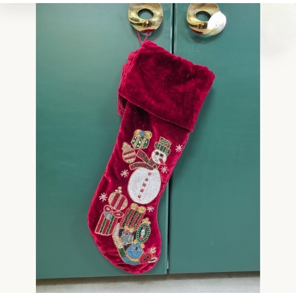 Handmade Christmas Stocking Hand Beaded Snowman Red Velvet 21"