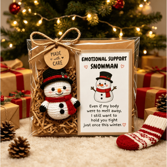 Handmade Christmas Therapy Plush Crew, Assorted Holiday Crochet Comfort Dolls with Message Cards, Thoughtful Winter Encouragement Gift for Friends (Snowman)