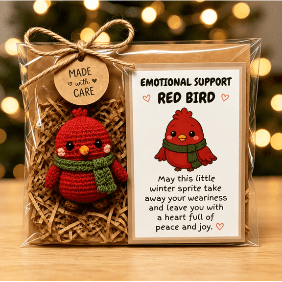 Handmade Christmas Therapy Plush Crew, Tiny Hand Knitted Emotional Support Figurines, Packaged Christmas Party Favors & Secret Santa Presents (Red Bird)