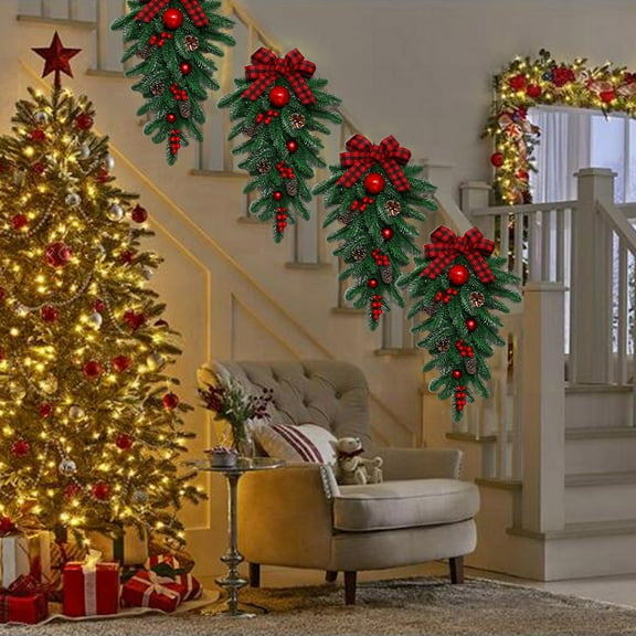 Handmade Christmas Tree Wreath 23.6 in Farmhouse Christmas Wreath, Large Xmas Tree Garland with Ball Ornsments, Christmas Wreath Hangers for Front Door Xmas Holiday Decor The Holiday