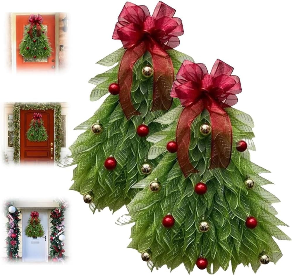 Christmas Wreath - 16" Green & Red Pine Needle Wreath With Velvet Bow For Front Door & Home Decor
