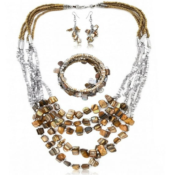 Costume Jewelry Set - Beaded Boho Jewelry for Women - Statement Chunky Bracelet Earrings and Layered Necklace Set - Fashion Beads Engagement - Brown Birthday Christmas Gifts