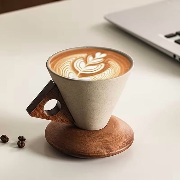 Handmade Chunky Ceramic Coffee Mug with Wood Handle & Puppy Coasters Set - 6.09/8.45 Oz, Perfect for Home Office & Cafes