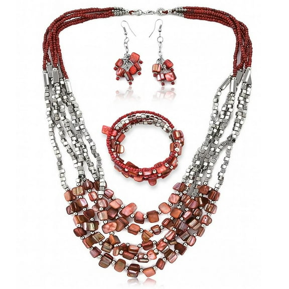Red Jewelry Sets for Women - Statement Necklace Layered Bracelet and Earrings Set - Beach Boho Bead Jewelry Birthday Christmas Gifts - Red