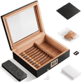 thumbnail image 1 of 1 PC Handmade Cedar Wood Cigar Humidor, Humidor Box with Humidifier and Hygrometer, Desktop Premium Glass-Top Cigar Box, Wooden Cigar Humidor Holds 25-35 Cigars, Cigar Case Accessories for Men(Black), 1 of 8