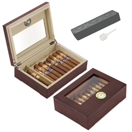Handmade Cigar Humidor, Cedar Cigar Desktop Box with Humidifier and Hygrometer, Glass Top for 25 Cigars (20-25 Cigars)