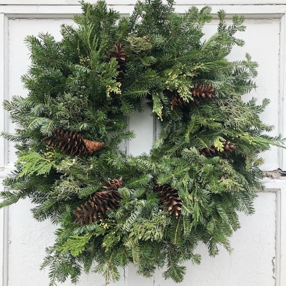 Handmade Classic Balsam Fir Evergreen Wreath for Front Door, Wall Ornament, Wall Hanging, Window Hanging for Home Holiday Decor Housewarming Gift (Pinecones -Red Bow)