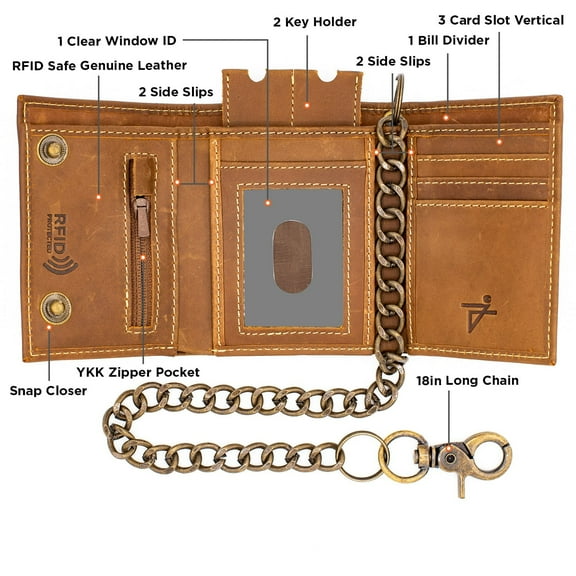 J.T.C Juzar Tapal Collection RFID Compact Bifold Cow Leather Wallet with Coin Pocket and Chain