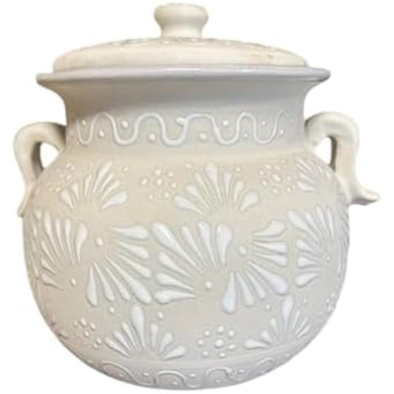 Handmade Clay Bean Pot White 9x9 Inch Mexican Barro Stew Pot, Talavera Style Cooking & Serving Pot$$Home Decor, Kitchen, & Other