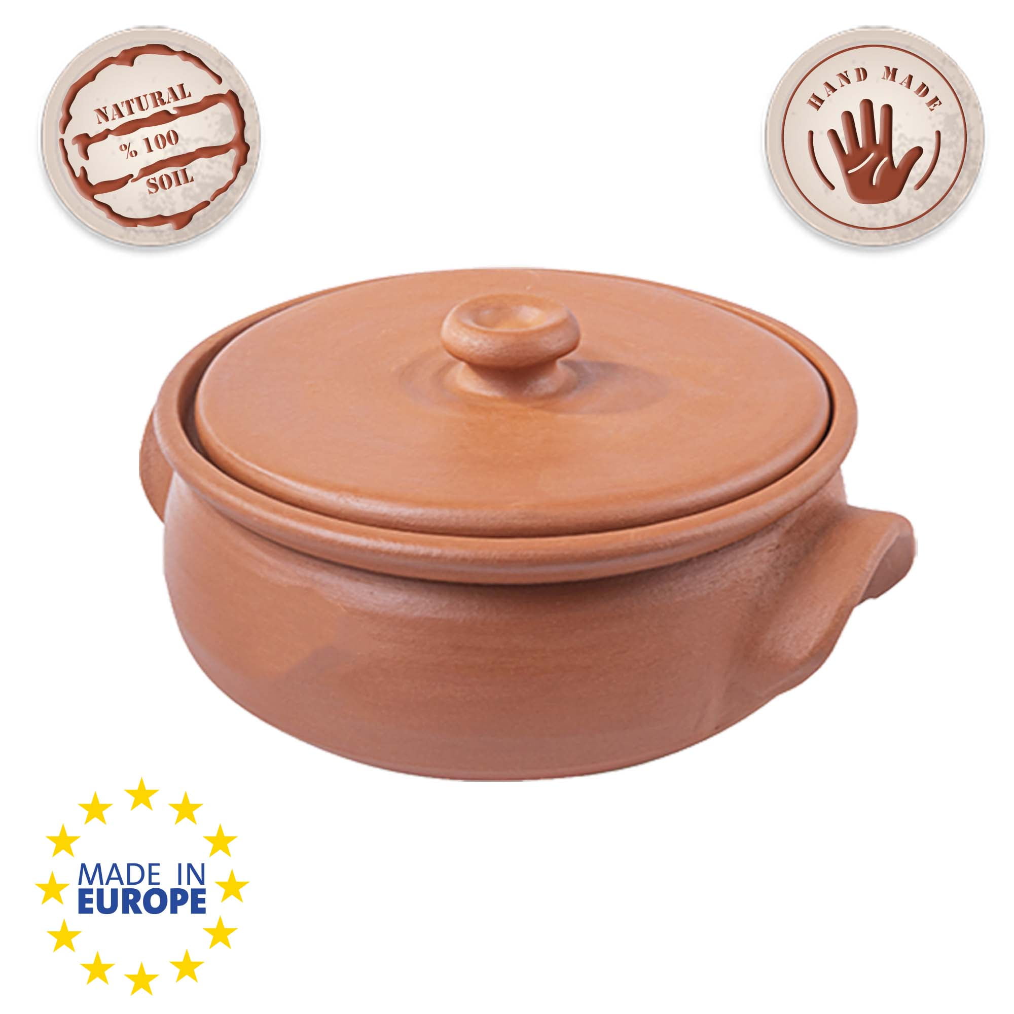 Handmade Clay Low Pot for Cooking with Lid, Unglazed Terracotta