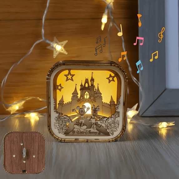 Handmade Clockwork Music Box - Retro Wooden Night Light with Glowing ...