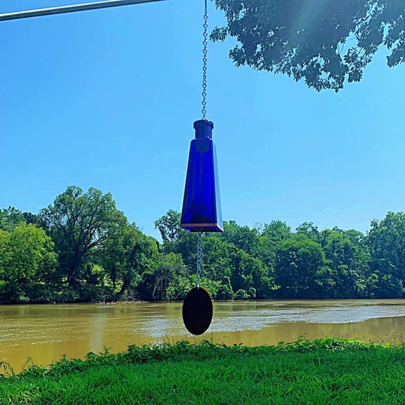 Handmade Cobalt Blue Glass Wind Chimes Made From Pyramid Shaped Bottles, Colorful Home Decor Outdoor Garden or Patio