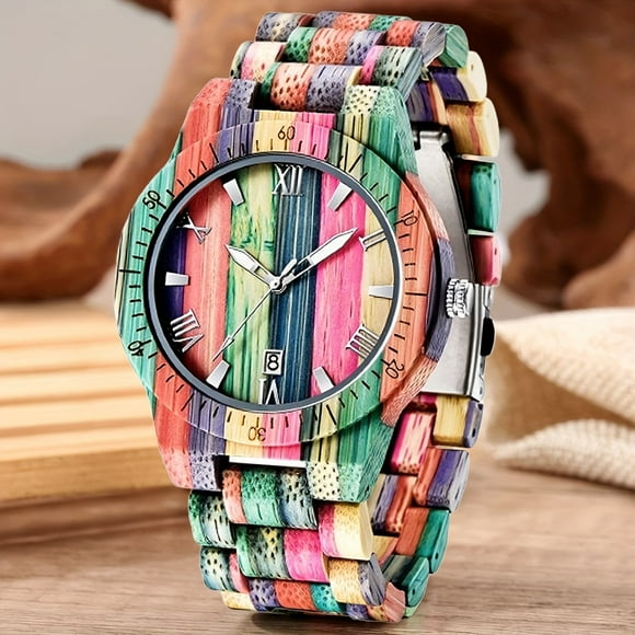 Handmade Colored Bamboo And Wood Watch For Men Analog Date Quartz Watch For Men