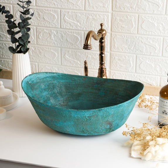 12" Handmade Hammered 100% Solid Green Patina Copper Bathroom Vessel Sink Bowl – Countertop Basin for Vanity & Powder Room | Eco-Friendly Rustic Copper Sink