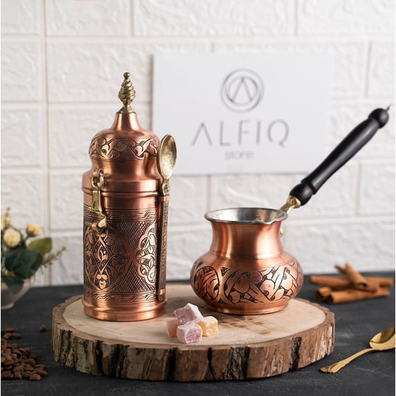 Handmade 100% Pure Copper Airtight Container & Brass Spoon for Coffee or Sugar