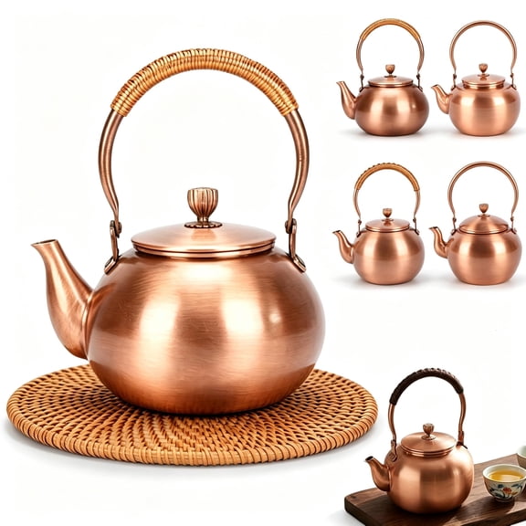Handmade Copper Kettle, Copper Stovetop Tea Kettle, Handmade Solid Copper Teapot with Stay-Cool Grip, Fast Boiling Gas Stove for Tea Ceremony Home Kitchen Use
