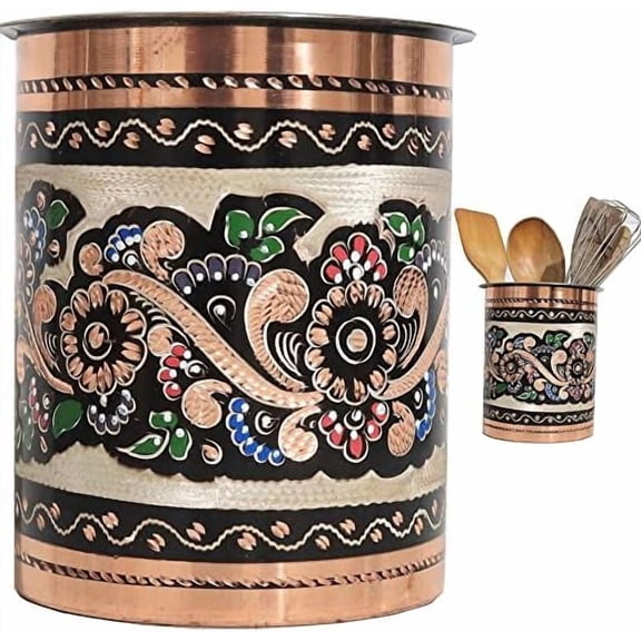 Handmade Copper Mexican Talavera Utensil Holder Pottery Crock Caddy Pot for Kitchen Decorative Accessories Decor Counter Cooking Countertop Organizer Spoon Home Farmhouse Vintage Fancy Decor