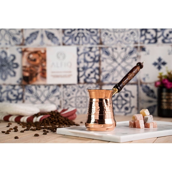 300 ml 100% Solid Shiny Copper Turkish Coffee Pot – Handmade Copper Cezve with Wooden Handle | Stovetop Coffee Maker for Authentic Turkish, Arabic or Greek Coffee | Traditional Espresso, Chai Briki